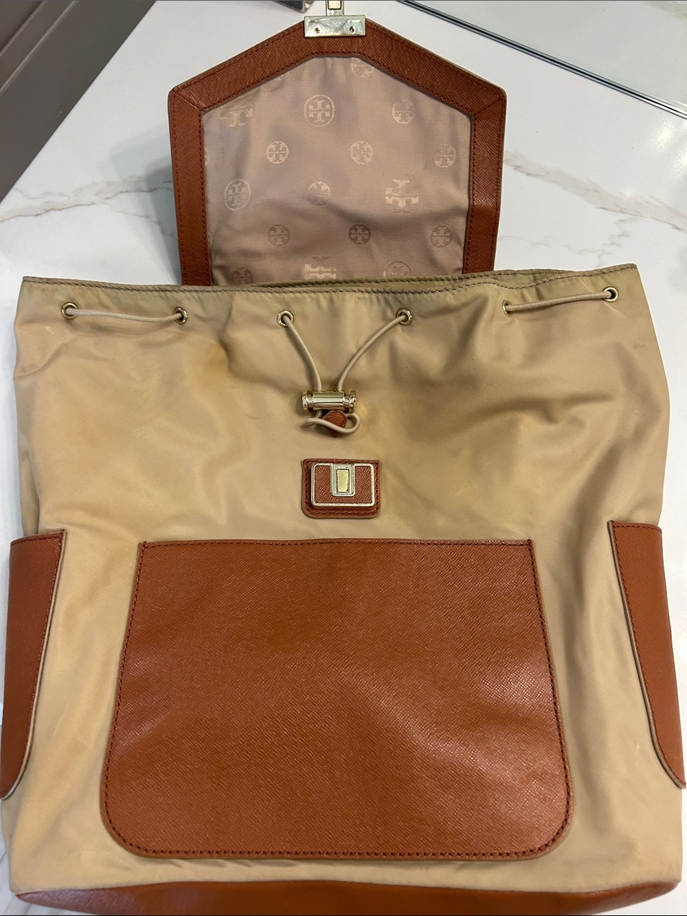 Tory Burch Beige and Brown Drawstring Backpack with Front Pocket